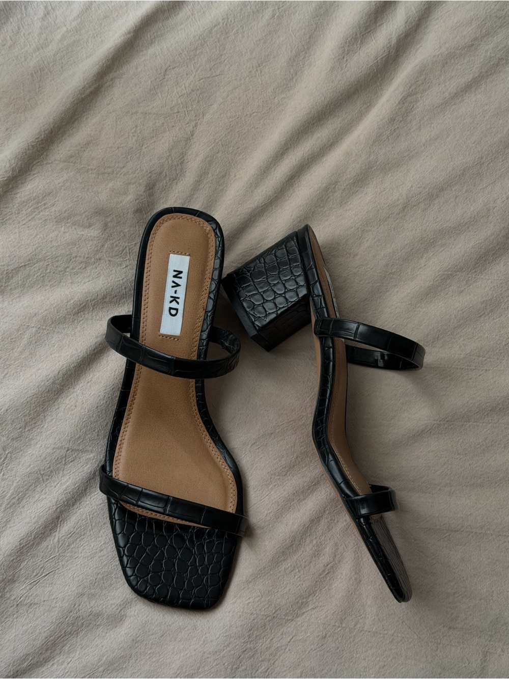 Black Croc-Embossed Strappy Block Heel Sandals